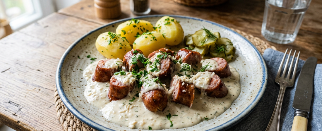 Sausages in horseradish sauce (kiełbasa w sosie chrzanowym)