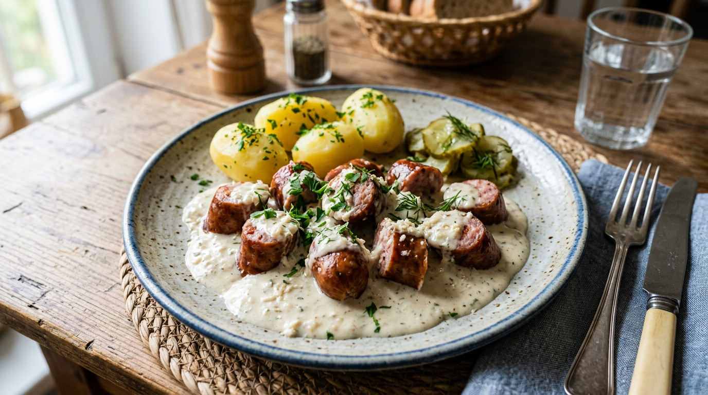 Sausages in horseradish sauce (kiełbasa w sosie chrzanowym)